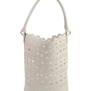 Neiman Marcus white laser-cut bucket bag with a scalloped edge